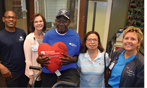 Joe Carter, with heart pillow, and his wife Ruby were thrilled with the excellent care at NorthBay Medical Center and returned to the facility to thank, left to right, ICU nurse Arold Nelson, R.N., Karen Loewe, R.N., clinical manager for NorthBay Cardiac & Pulmonary Rehabilitation and Lisa Ensley, R.N., far right.